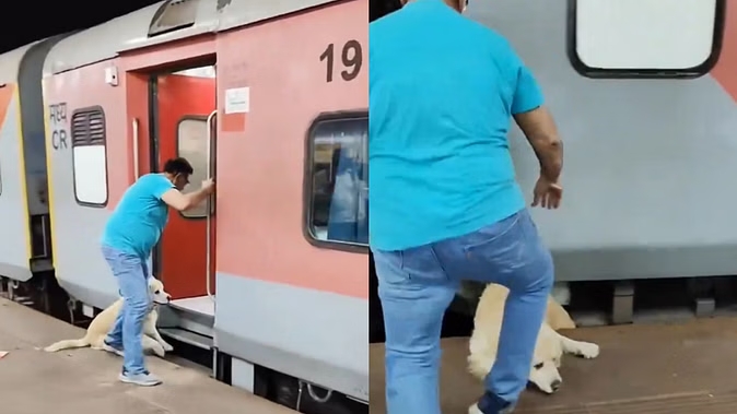 A man was boarding a moving train with his dog