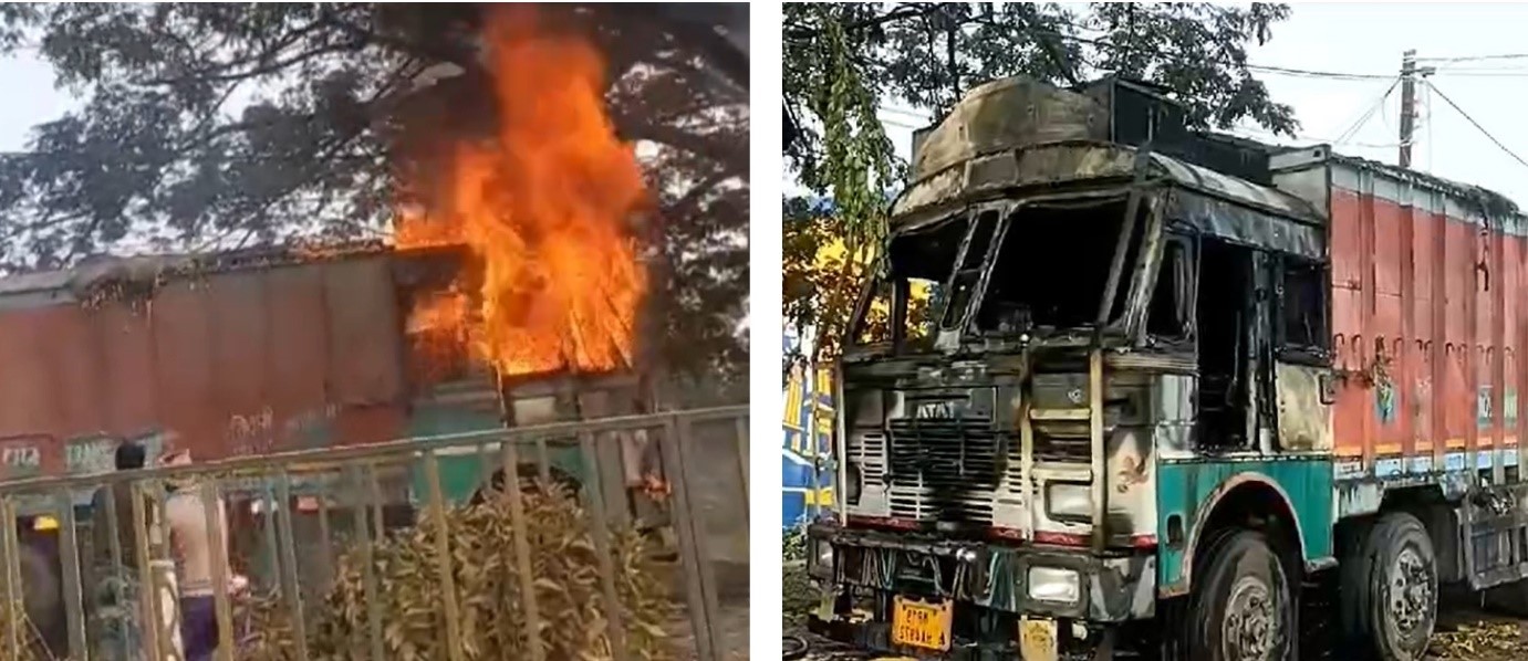 A truck loaded with cement suddenly caught fire in Katni