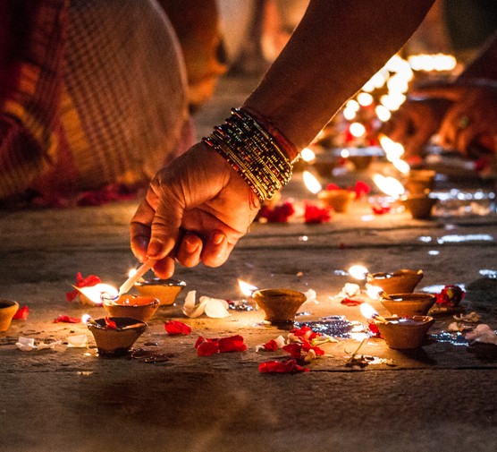Threshold decorated with colors on the arrival of Goddess Lakshmi